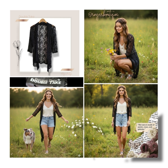 🌿Double Take Black Sheer Lace Cardigan Open Front 3/4 Sleeve Med/Lg Like New - Picture 10 of 12